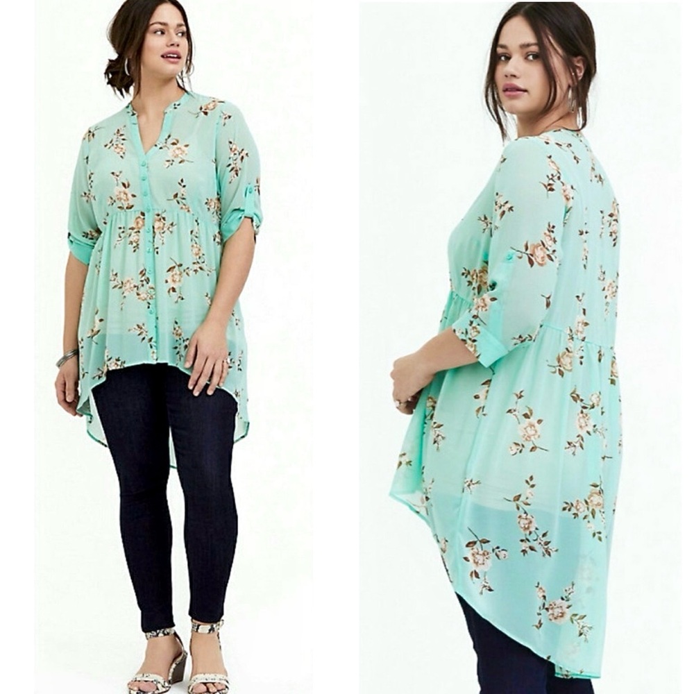Torrid 2x Mint Green Lexie Floral Chiffon High Low Oversized Babydoll Tunic